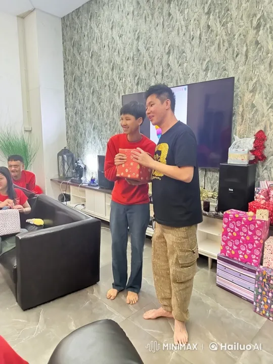 Festive Living Room with Gift Exchange – AI Generated Video | Hailuo AI
