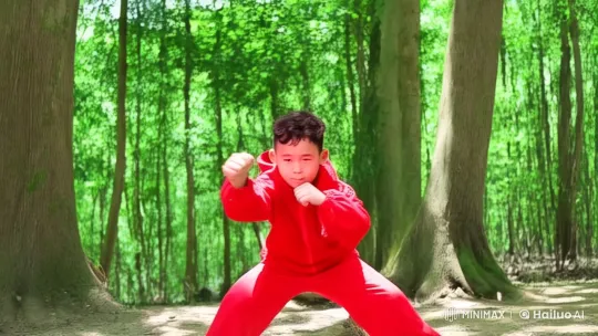 Young Boy Practicing Martial Arts in Forest – AI Generated Video | Hailuo AI