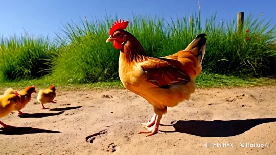 Mother Hen and Chicks in Sunlit Farmyard – AI Generated Video | Hailuo AI