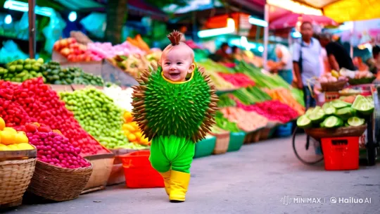 Baby in Durian Costume Enchants Market Scene – AI Generated Video | Hailuo AI