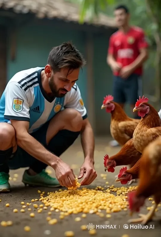 Man Feeds Chickens in Argentina Jersey, Rustic Serenity – AI Generated Video | Hailuo AI