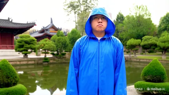 Man in Blue Raincoat Performs Kungfu in Temple Garden – AI Generated Video | Hailuo AI