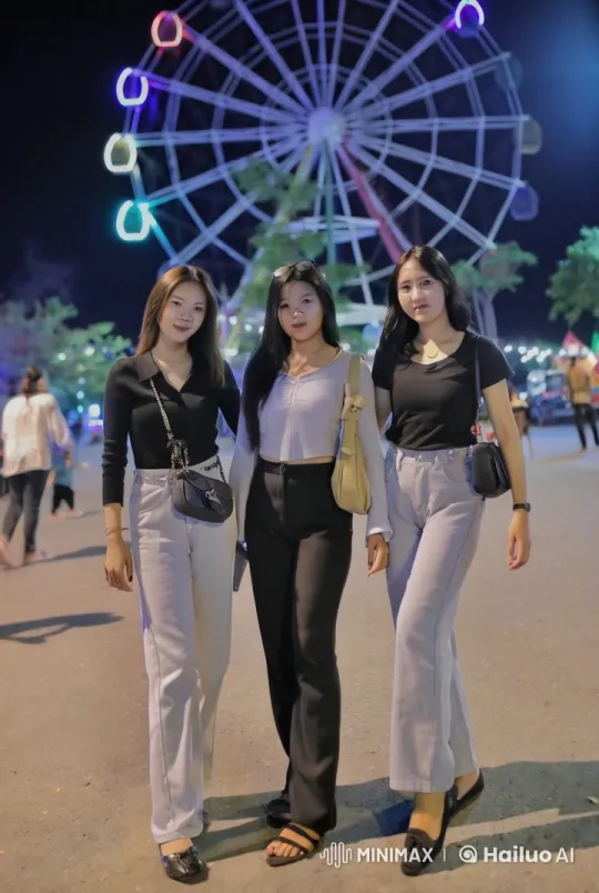 Young Women Perform Kungfu at Nighttime Amusement Park – AI Generated Video | Hailuo AI