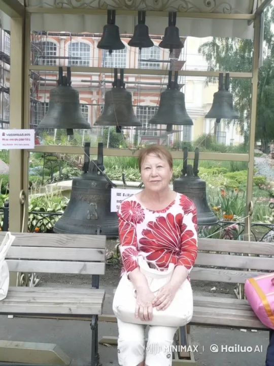 Woman with Bag on Bench in Garden with Metal Bells – AI Generated Video | Hailuo AI