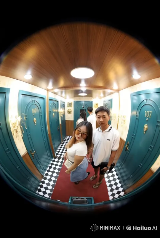 Casual Duo Performs Kungfu in Decorated Hallway – AI Generated Video | Hailuo AI