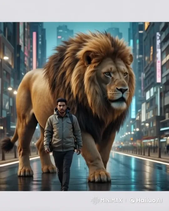 Majestic Lion Walks Through Nighttime Cityscape – AI Generated Video | Hailuo AI