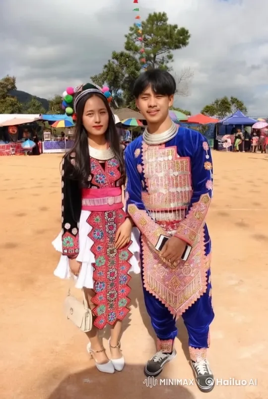 Hmong Couple in Traditional Attire at Festive Outdoor Market – AI Generated Video | Hailuo AI