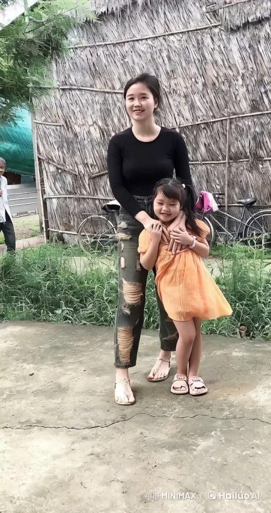 Woman Protectively Holds Girl by Reed Structure – AI Generated Video | Hailuo AI