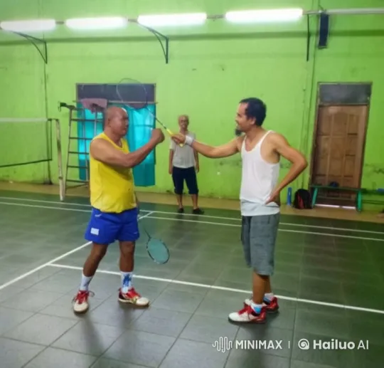 Badminton Game Prep: Two Men, Casual Observer – AI Generated Video | Hailuo AI
