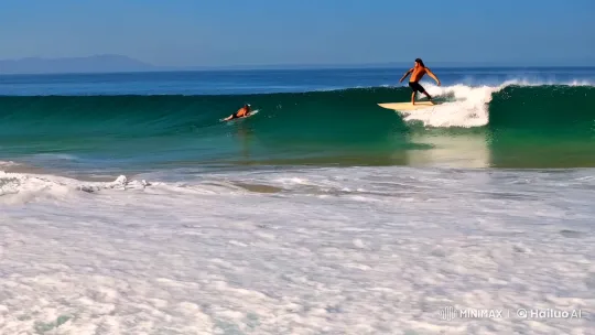 Surfer and Model on Pristine Beach with Energy Drink – AI Generated Video | Hailuo AI
