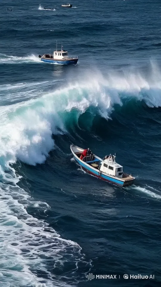 Boats Battling High Waves Amidst Turbulent Seas – AI Generated Video | Hailuo AI