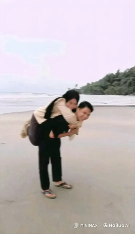 Beachside Martial Arts Duo: Piggyback Fight Scene – AI Generated Video | Hailuo AI