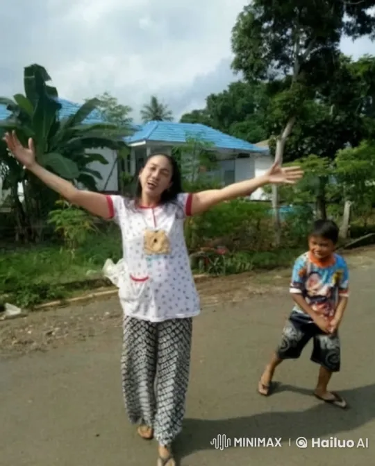 Woman and Boy Celebrate in Lush Neighborhood – AI Generated Video | Hailuo AI