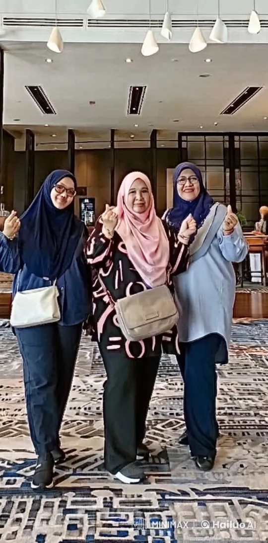 Three Women in Elegant Lobby Posing Happily – AI Generated Video | Hailuo AI