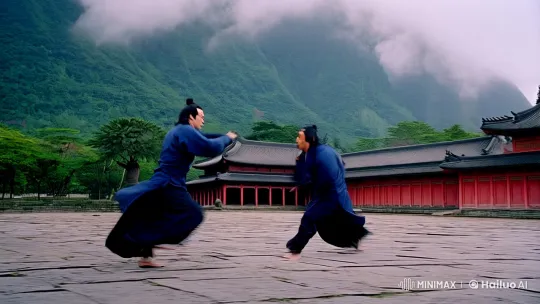 Martial Artists Engage in Intense Fight Amidst Ancient Temple – AI Generated Video | Hailuo AI
