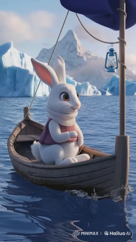 Cute Rabbit Sails Tranquilly Amid Icebergs in Animated Short – AI Generated Video | Hailuo AI