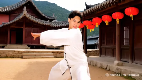 Traditional Kung Fu Performance in Ancient Chinese Village – AI Generated Video | Hailuo AI