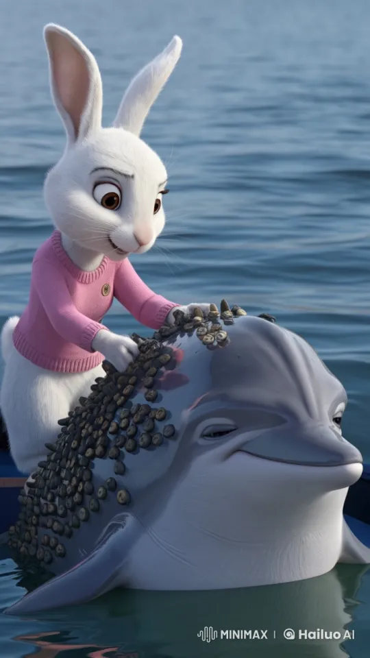 White Rabbit Gently Removes Barnacles from Dolphin – AI Generated Video | Hailuo AI