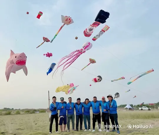 Group Celebrates with Kites at Sky Event – AI Generated Video | Hailuo AI