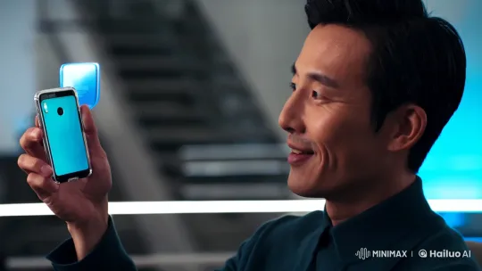 Man Enchanted by Emerging 5G Image in Futuristic Setting – AI Generated Video | Hailuo AI