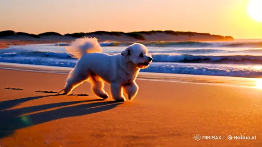 Fluffy Bichon Frisé Joyfully Prances on Sunlit Beach – AI Generated Video | Hailuo AI