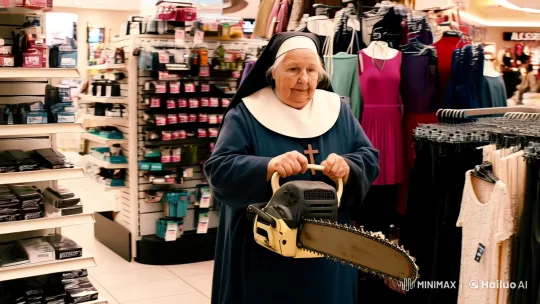 Old Nun Examines Chainsaw in Modern Mall – AI Generated Video | Hailuo AI
