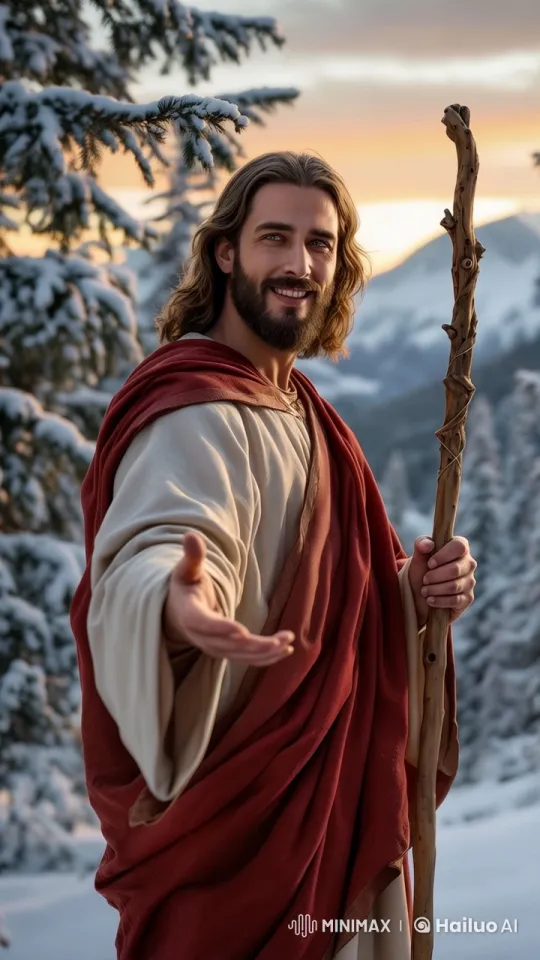 Compassionate Jesus in Snowy Landscape at Sunset – AI Generated Video | Hailuo AI