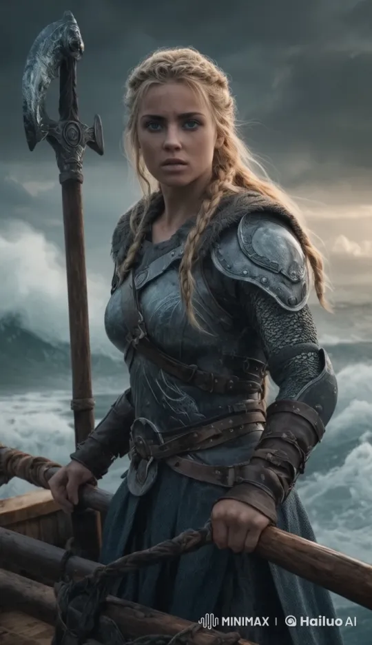 Fierce Warrior Battles Storm on Wooden Boat – AI Generated Video | Hailuo AI