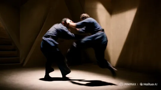 Stunning Fight Scene: Dynamic Choreography in Shadowy Atmosphere – AI Generated Video | Hailuo AI