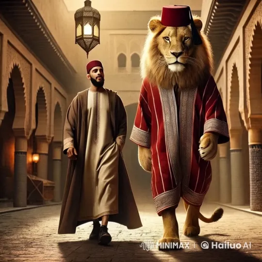 Moroccan Man and Dressed Lion Stroll in Elegance – AI Generated Video | Hailuo AI