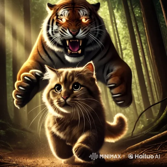 Dramatic Chase: Cat Fleeing Tiger in Lush Forest – AI Generated Video | Hailuo AI