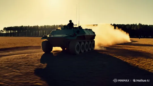 Armored Carrier Crosses Parched Heath in Dramatic Sunset Tracking Shot – AI Generated Video | Hailuo AI