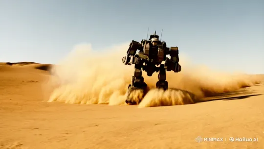 Desert Assault: Headless Mech Charges with Rifle – AI Generated Video | Hailuo AI