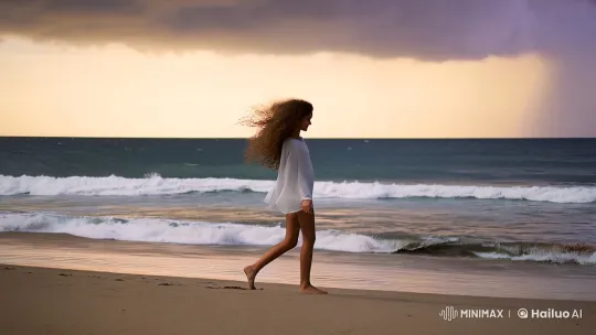 Ethereal Beauty on a Stormy Beach with Dynamic Camera Work – AI Generated Video | Hailuo AI