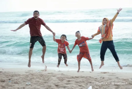 Family Enjoys Synchronized Beach Activities – AI Generated Video | Hailuo AI