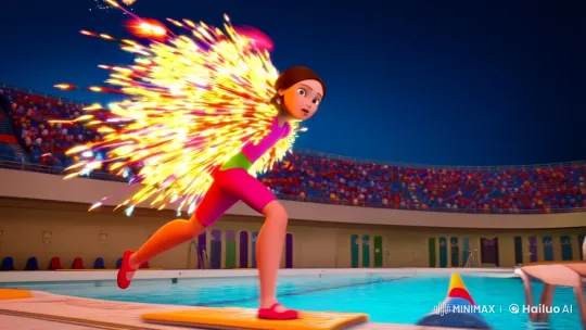 Swimmer Ignites Spectacular Firework Dive in Surreal Pool Scene – AI Generated Video | Hailuo AI