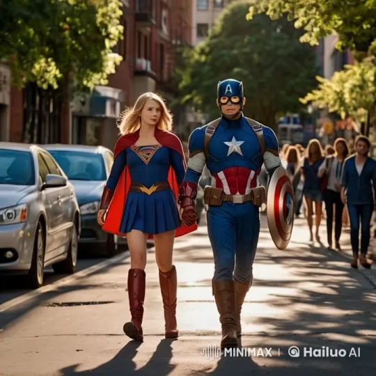 Captain America and Supergirl Stroll in Vibrant Cityscape – AI Generated Video | Hailuo AI