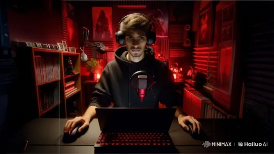 Gaming Content Creator Introduces New Video in Red-Themed Room – AI Generated Video | Hailuo AI