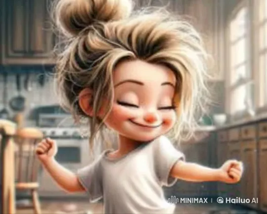 Morning Energy: Girl's Cheerful Stance in Sunny Kitchen – AI Generated Video | Hailuo AI
