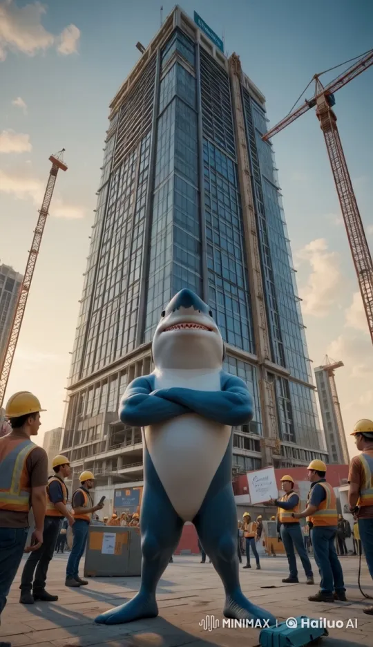 Costumed Shark Celebrates Modern Skyscraper's Completion – AI Generated Video | Hailuo AI