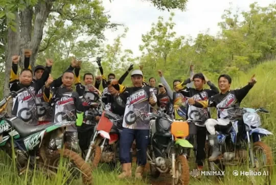Off-Road Motorcyclists Celebrate in Scenic Woods – AI Generated Video | Hailuo AI