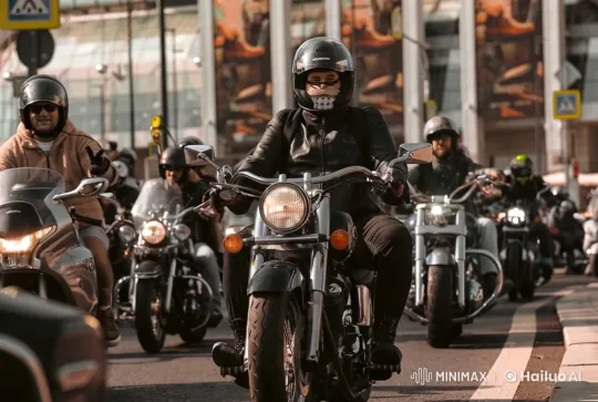 Motorcyclists Parade Through Urban Streets – AI Generated Video | Hailuo AI