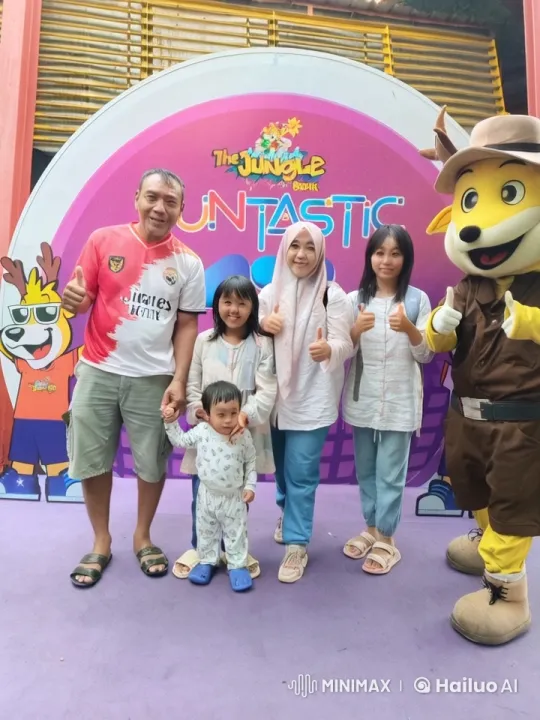 Family Poses for Photo with Jungle Book Themed Attraction – AI Generated Video | Hailuo AI