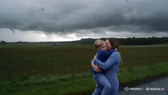 Emotional Reunion: Mother and Son Under Rainy Skies – AI Generated Video | Hailuo AI