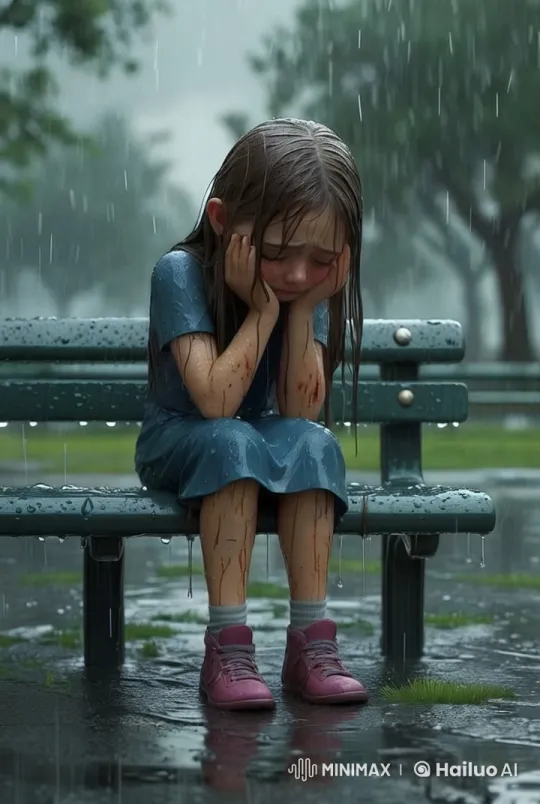 Lonely Girl Sits on Bench in Heavy Rain – AI Generated Video | Hailuo AI