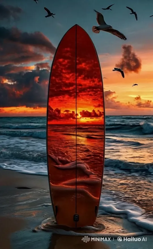 Sunrise Surfboard Reflection on a Dynamic Beach – AI Generated Video | Hailuo AI