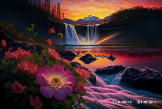 Enchanting Waterfall and Vibrant Flowers in Serene Setting – AI Generated Video | Hailuo AI