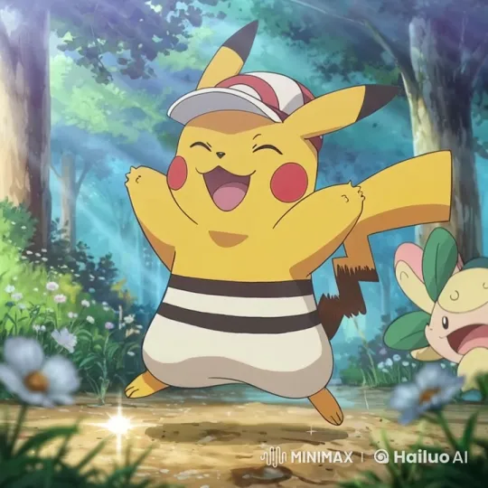 Pikachu Joyfully Dancing in a Lush Forest Clearing – AI Generated Video | Hailuo AI
