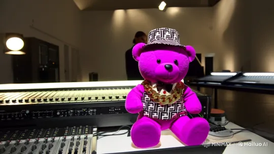 High Fashion Bear Meets Music Producer in Chic Studio – AI Generated Video | Hailuo AI