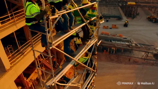 Workers Operate Electric Scaffold at Sunset Construction Site – AI Generated Video | Hailuo AI